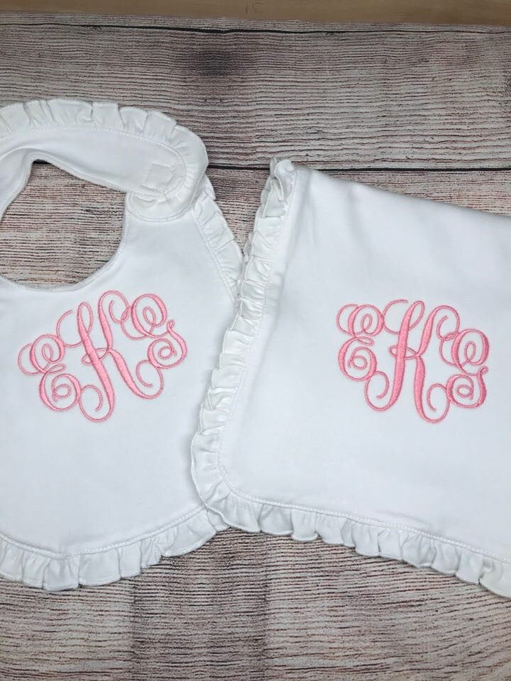 Monogram Baby Girl gown set, Infant gown bib burp cloth set, baby gown, personalized burp cloth, bib, ruffle gown, going home gown, day gown