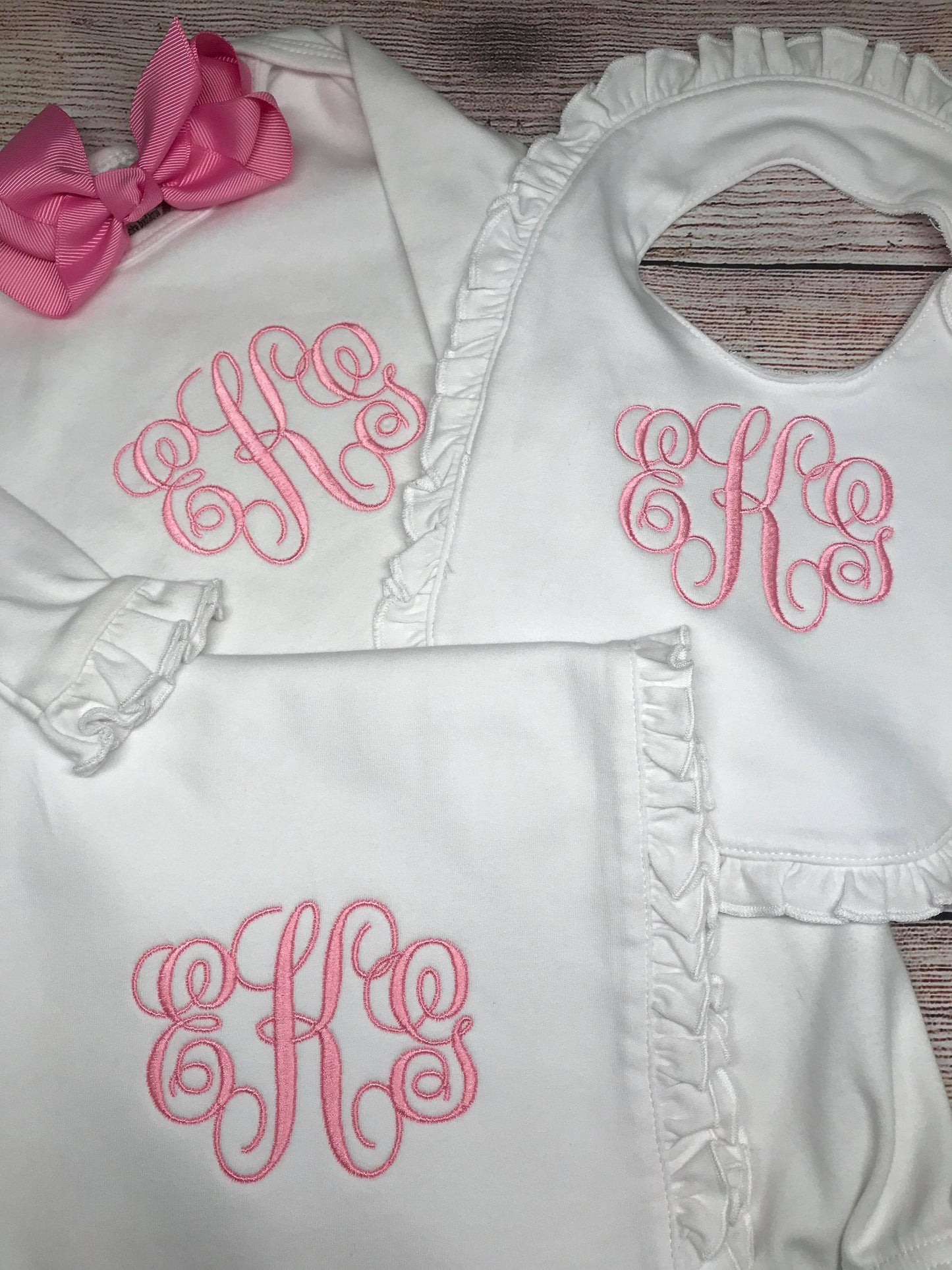 Monogram Baby Girl gown set, Infant gown bib burp cloth set, baby gown, personalized burp cloth, bib, ruffle gown, going home gown, day gown