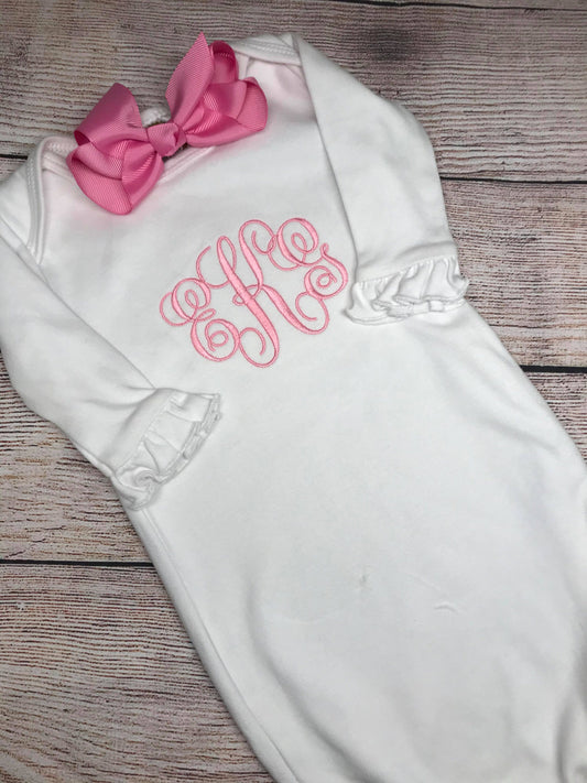 Monogram Baby Girl gown set, Infant gown bib burp cloth set, baby gown, personalized burp cloth, bib, ruffle gown, going home gown, day gown