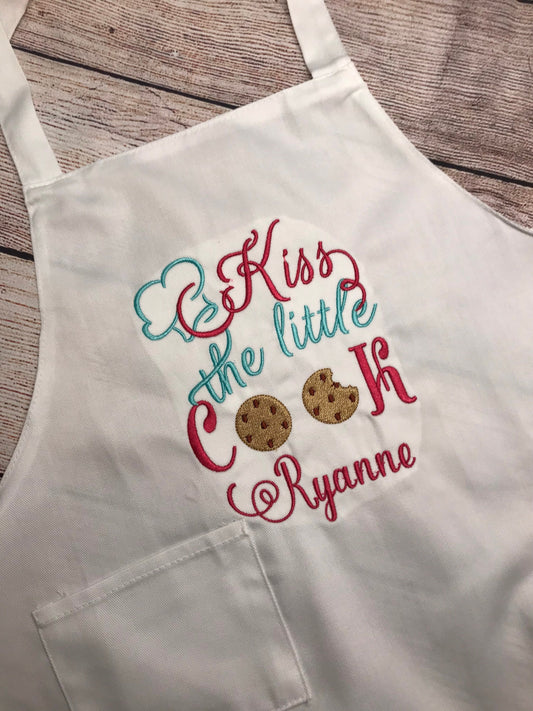 Girls Apron, Baking Apron, Kids Chef, Kids Personalized Apron ,Embroidered Apron, Kiss the Cook Apron