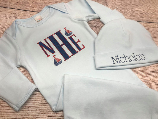 Monogram Baby Boy gown set, Infant gown hat set, baby gown, personalized gown, going home gown, day gown, personalized baby hat