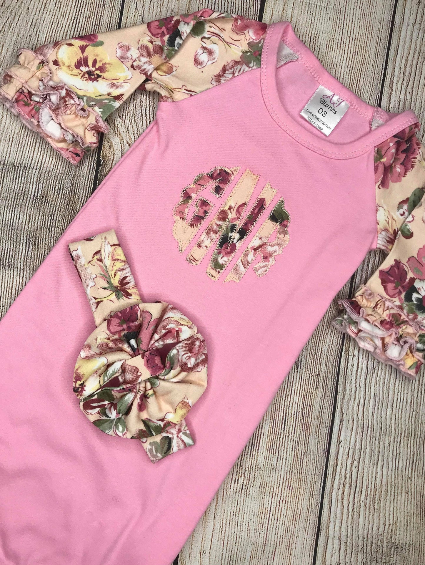 Monogram Baby girl gown, newborn baby girl gown, baby gift, going home outfit, baby shower gift, Applique Monogram baby gown, Pink gown