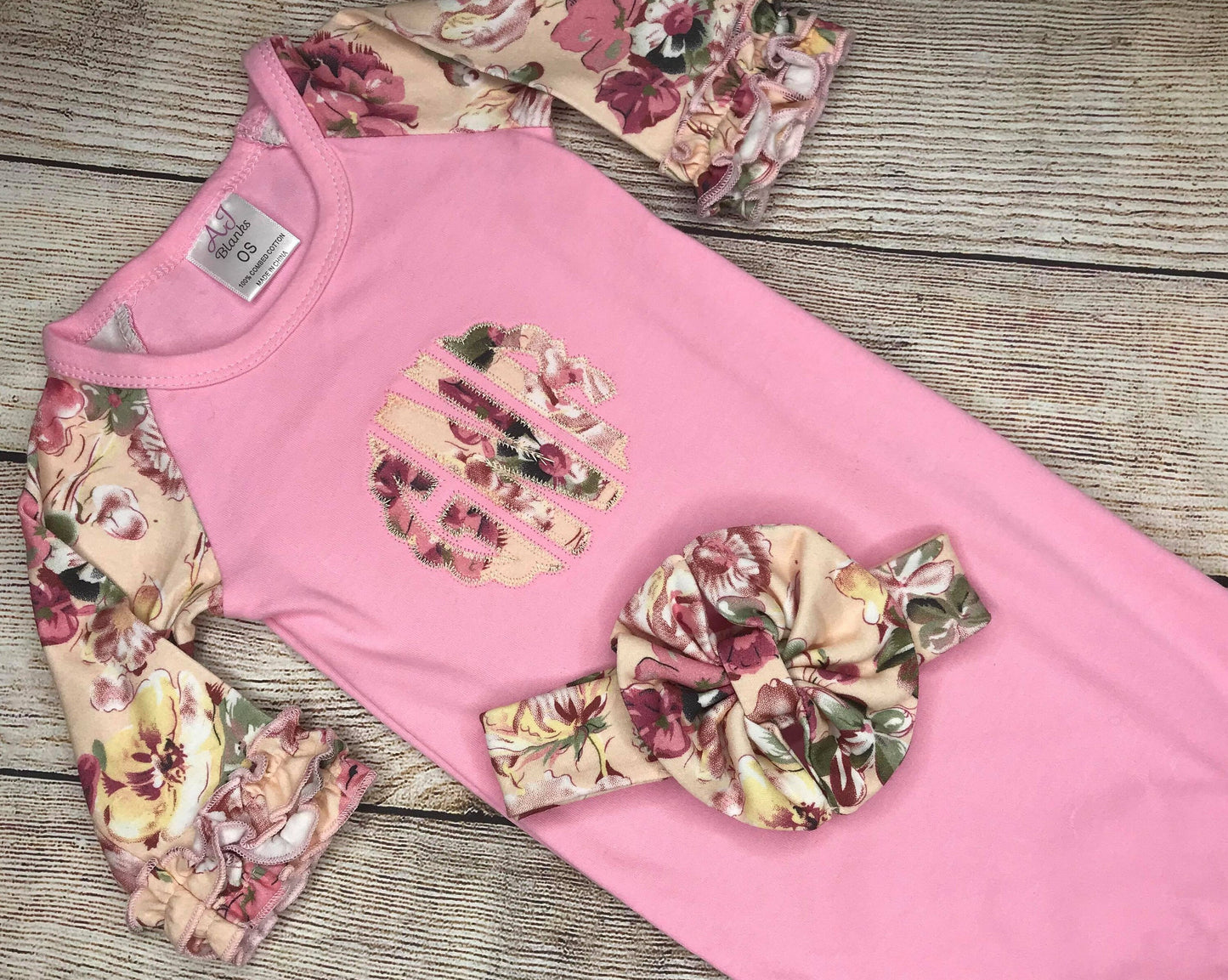 Monogram Baby girl gown, newborn baby girl gown, baby gift, going home outfit, baby shower gift, Applique Monogram baby gown, Pink gown