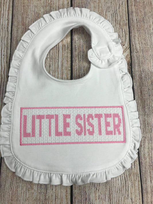 Girls Little Sister Ruffle Bib, Smocked Bib, Faux Smock Bib, Baby Shower Gift, Coming Home Gift, Sibling Gift