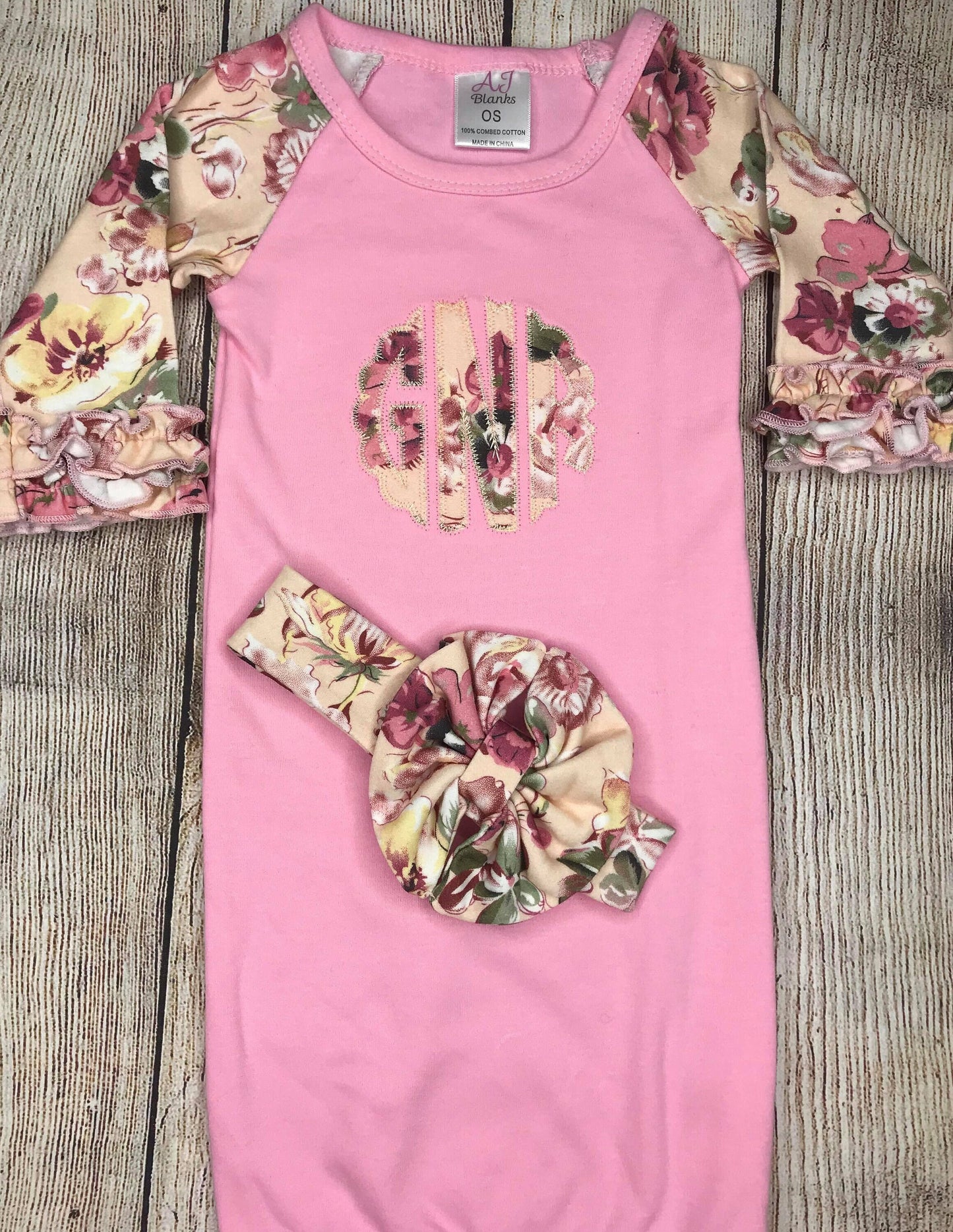 Monogram Baby girl gown, newborn baby girl gown, baby gift, going home outfit, baby shower gift, Applique Monogram baby gown, Pink gown