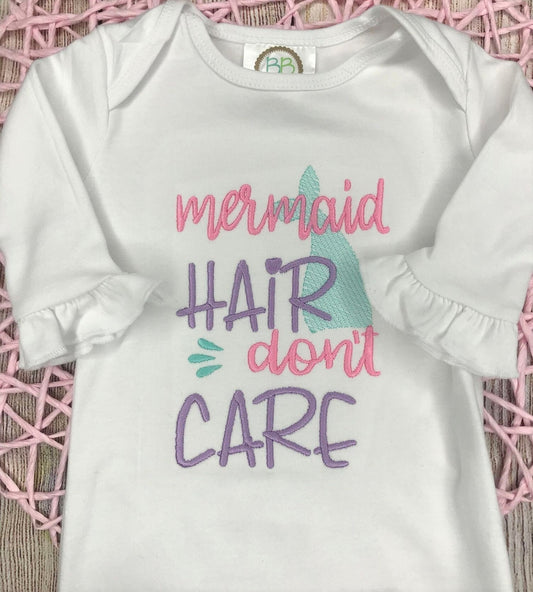 Mermaid Hair Don't Care Gown, Mermaid Baby Gown, Personalized Baby girl gown, newborn baby girl gown, baby gift, going home outfit