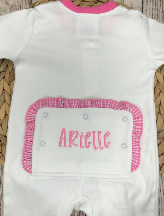 Girl's Drop Flap Gingham Ruffle Trim Playsuit, newborn baby girl sleeper, baby gift, going home outfit, baby shower gift,monogram playsuit